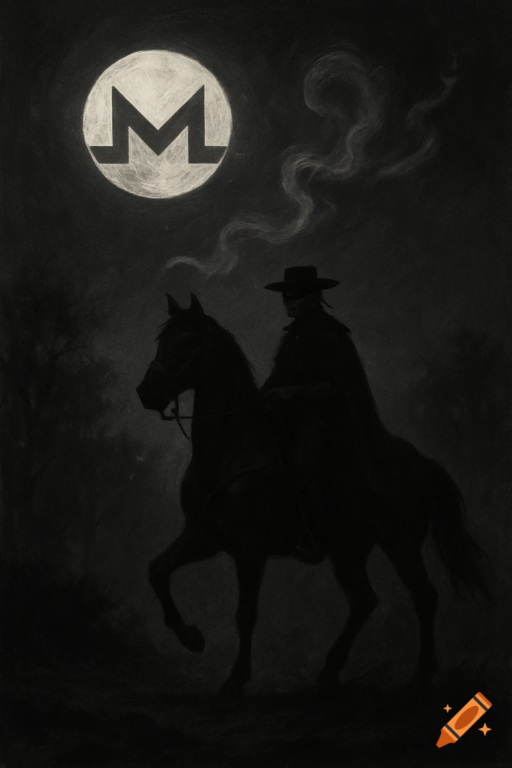 A silhouette of Zorro on horseback under a night sky with the Monero logo on the moon, in a dark, mysterious style.