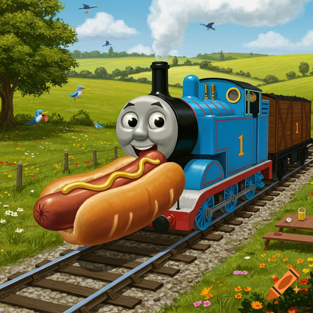 A cartoon of Thomas the Tank Engine on train tracks, holding a giant hotdog with mustard in a green field with birds and a picnic table.