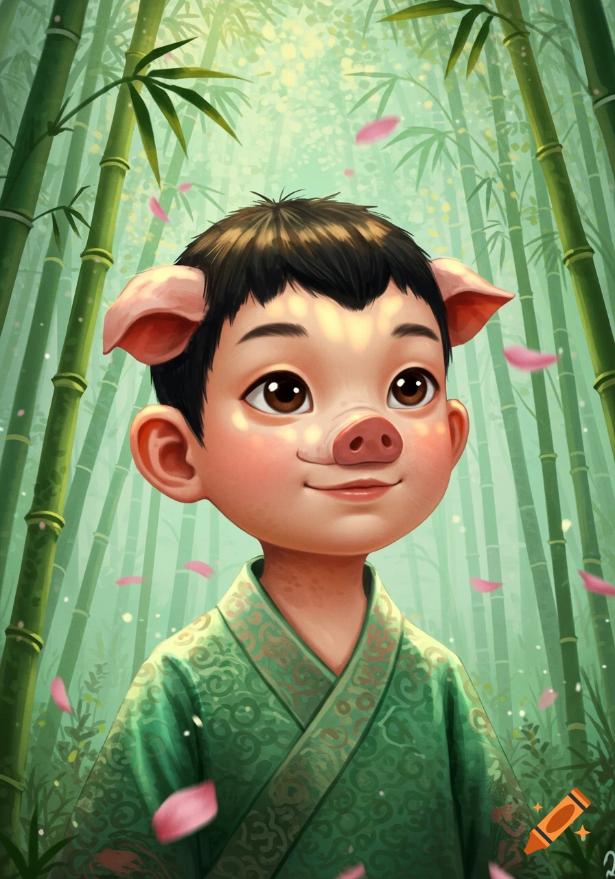 An illustration of a young boy with pig features and dark hair, wearing a green robe, smiling gently in a bright bamboo forest with pink petals falling.