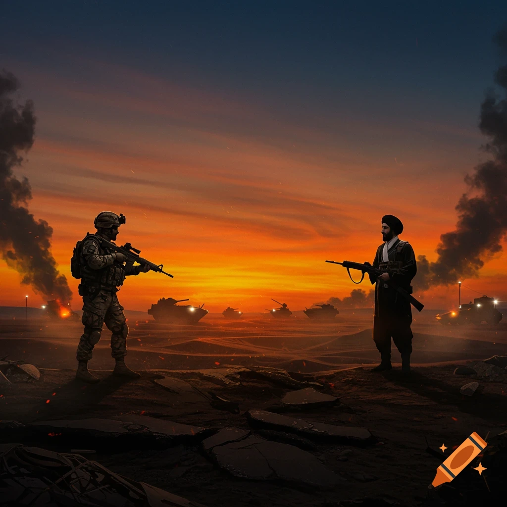 Two armed soldiers, one in camouflage and one in traditional attire, stand in a desert landscape at sunset with tanks and smoke in the background.