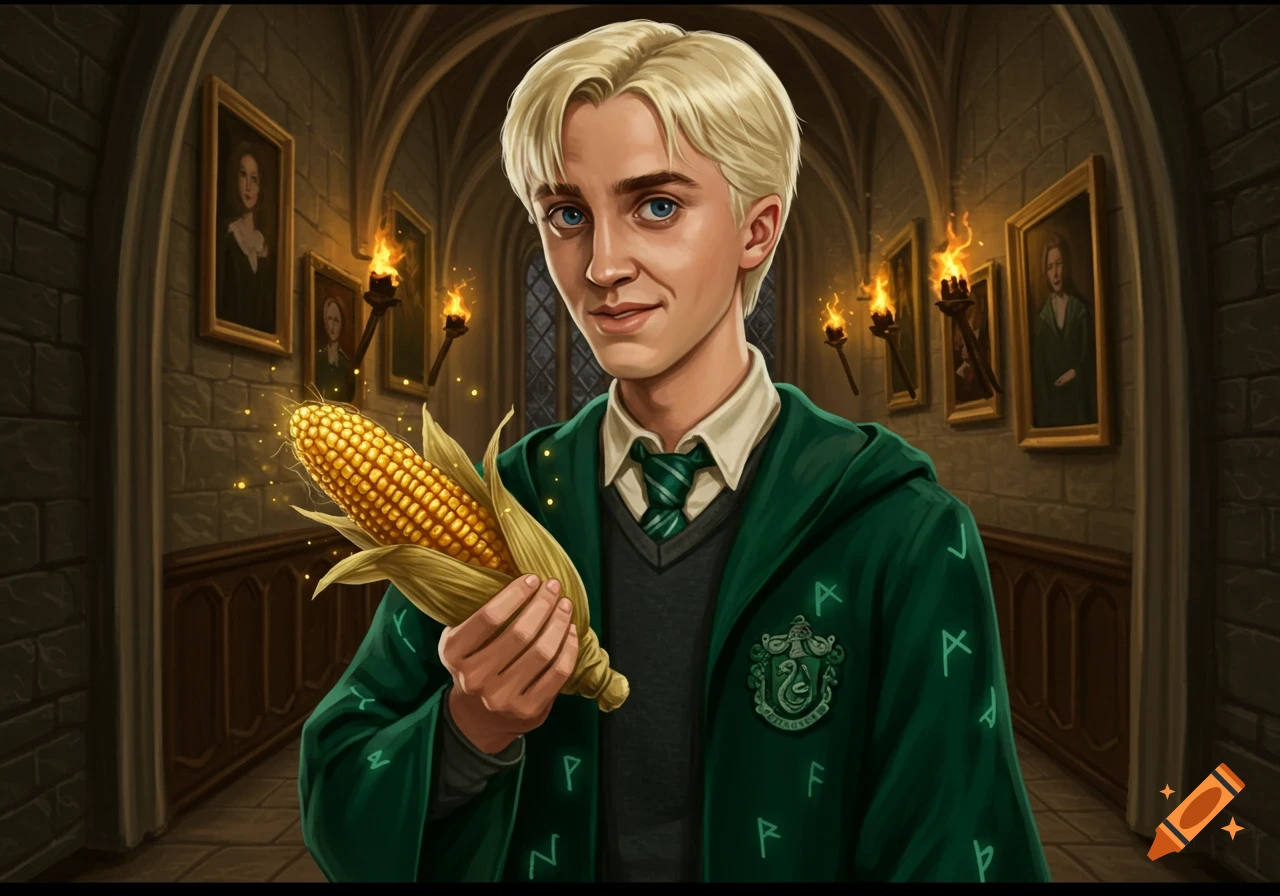 A stylized depiction of Draco Malfoy in a green Slytherin robe holding a glowing ear of corn, standing in a Hogwarts-like corridor.
