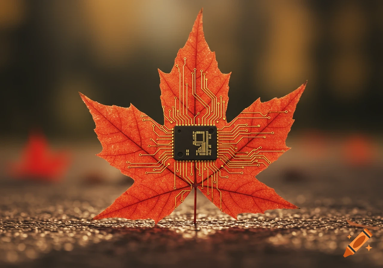 A vibrant red maple leaf stands upright, its veins replaced by intricate golden circuit board traces leading to a black integrated circuit chip at its center. Photorealistic style.