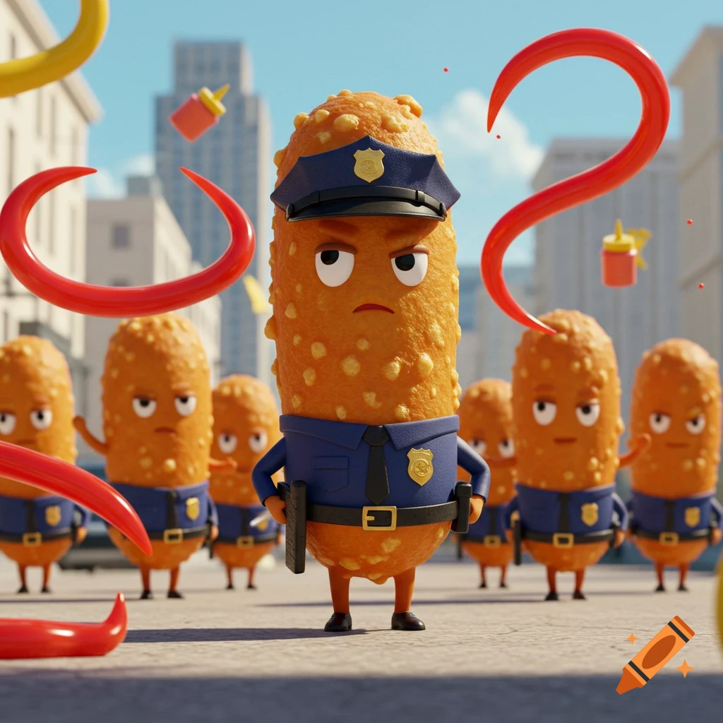 A stern 3D cartoon corn dog police officer stands in a city street with other corn dog officers.