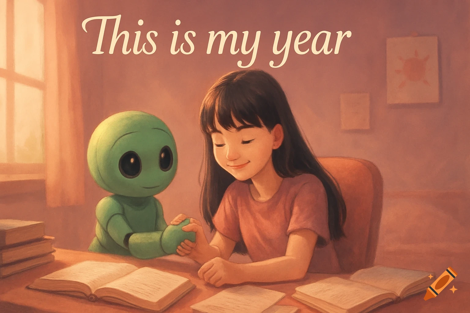 A smiling girl and a green robot sit at a desk with open books. Text above reads 'This is my year'. Illustrative style.