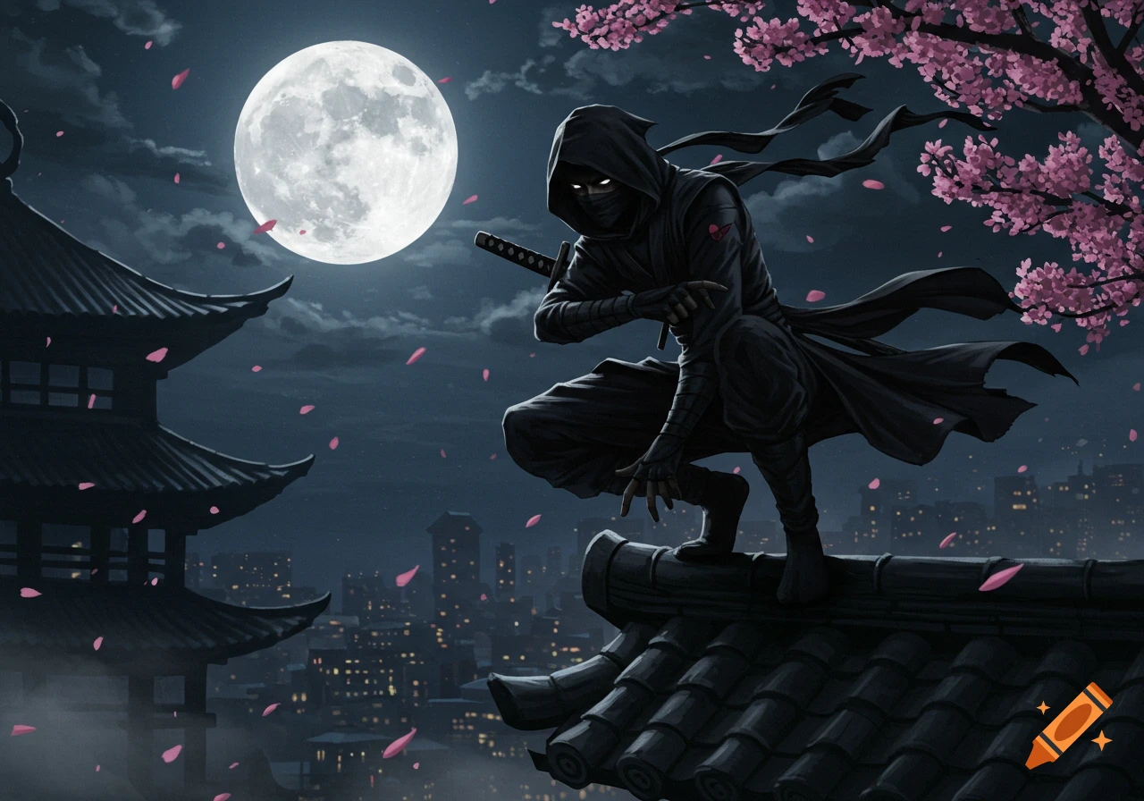A hooded ninja crouches on a Japanese rooftop at night, with a full moon, cherry blossoms, and city lights in the background.
