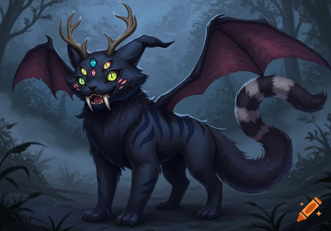 A dark fantasy creature with multiple glowing eyes, deer antlers, bat wings, and a striped tail stands in a misty forest.