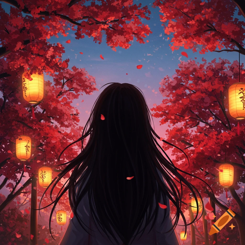 Anime-style drawing of a black-haired girl seen from behind, surrounded by vibrant red trees and glowing lanterns.