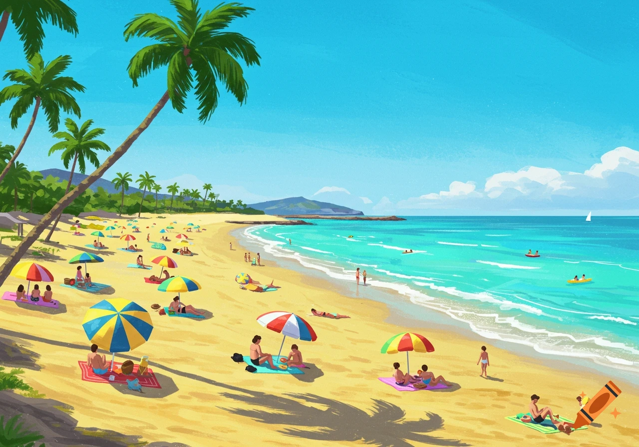 A vibrant, stylized illustration of a sunny tropical beach with many people relaxing under colorful umbrellas and swimming in turquoise water with palm trees.