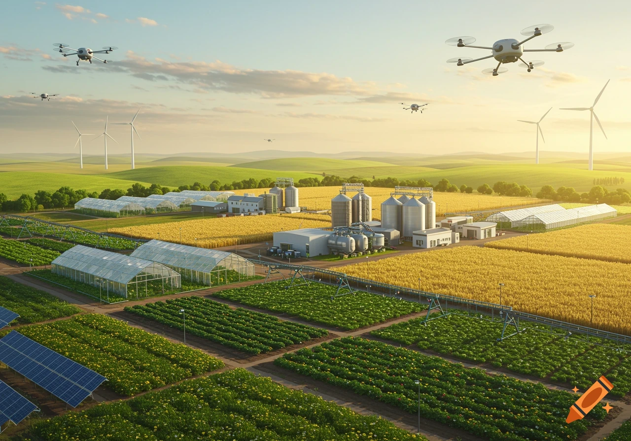 A vast, modern agricultural facility at sunrise with drones flying over fields, greenhouses, silos, solar panels, and wind turbines.