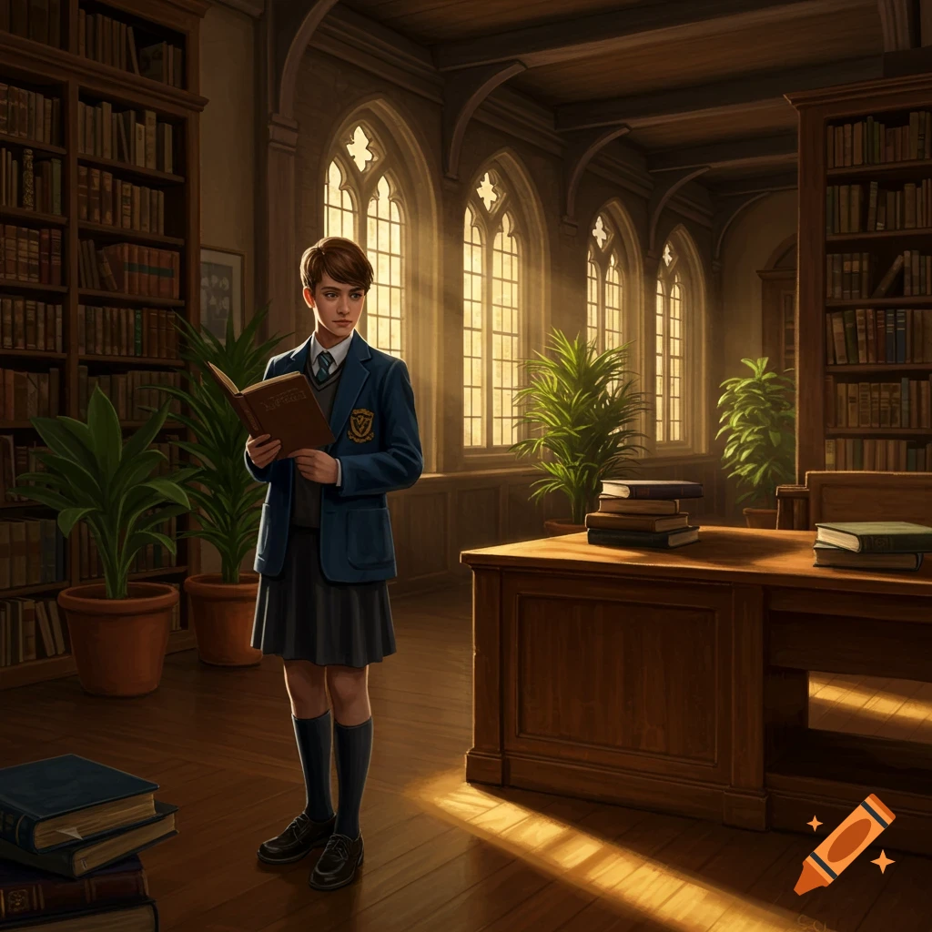 A young person in a school uniform reading a book in a grand, sunlit library.