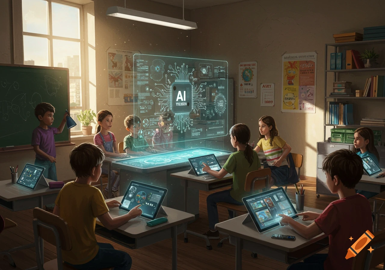 Kids in a classroom interact with a large glowing AI holographic display and personal tablets.