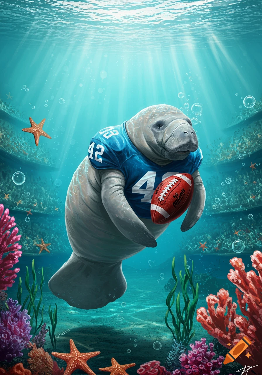 A manatee wearing a blue football jersey with the number 42 holds a football while swimming in an underwater stadium scene with coral and starfish.