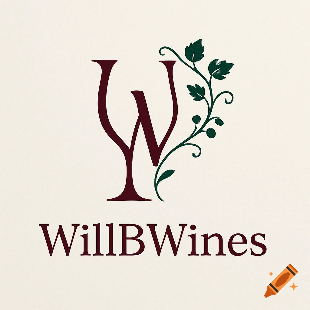 A sophisticated logo for WillBWines featuring stylized red YW letters intertwined with a green grape vine and the text WillBWines below.