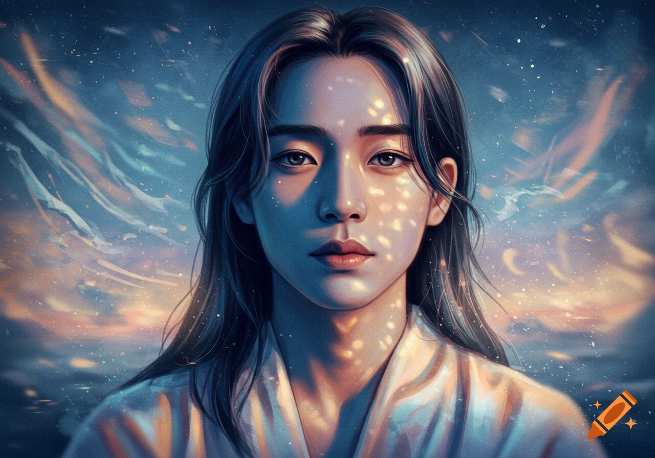 A digital painting of a young person with long dark hair, illuminated by golden light particles, against a mystical blue and orange sky.
