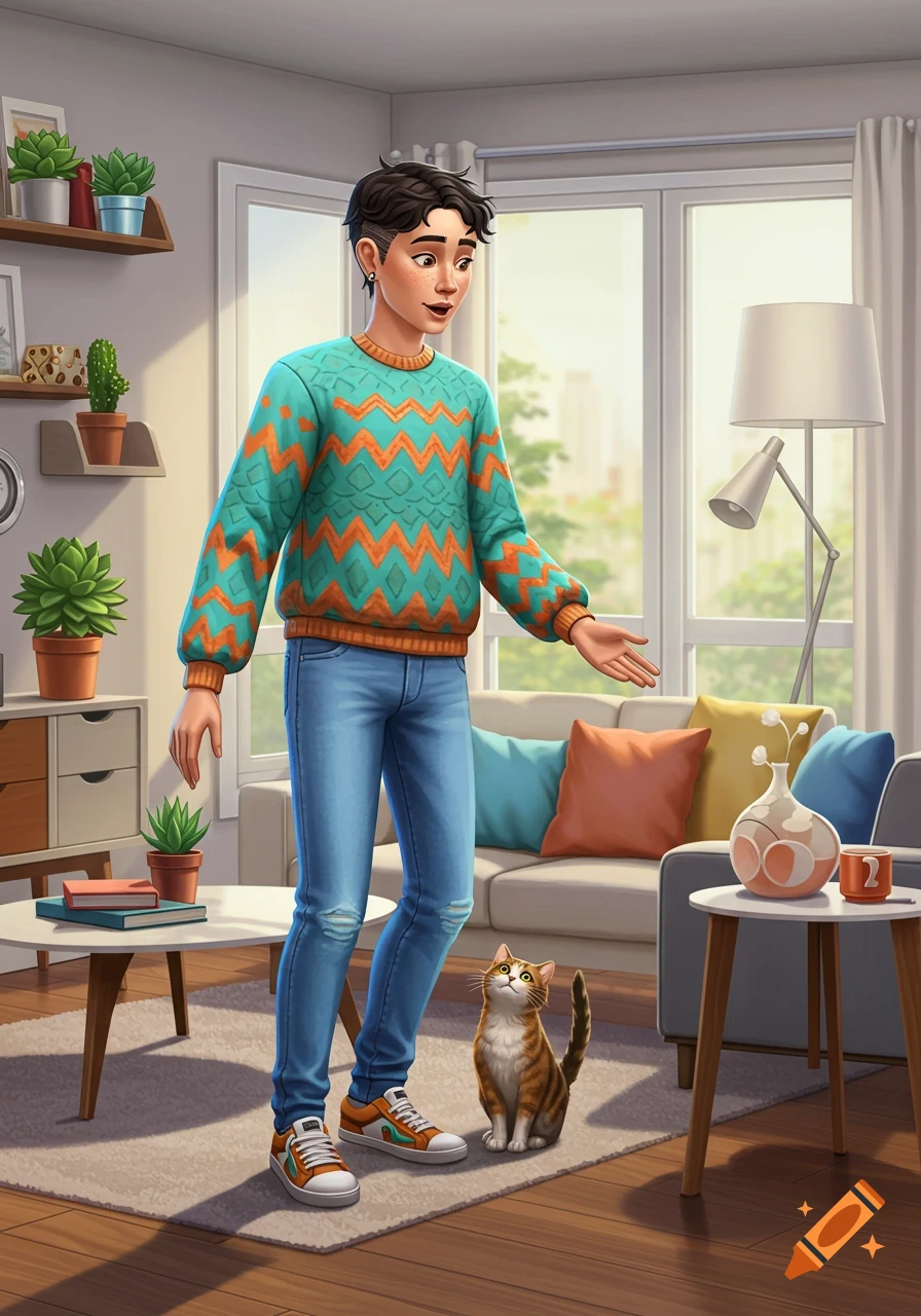 A stylized character resembling a Sims person stands in a brightly lit living room, looking at a cat.