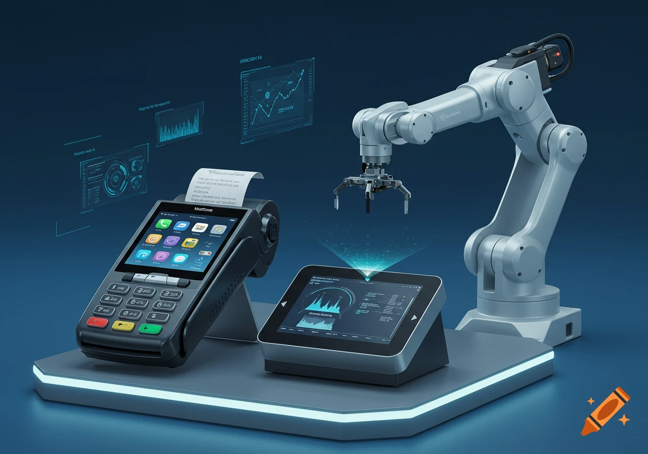 A Verifone-style payment terminal with a receipt next to a UFactory xArm 6-style robotic arm and futuristic holographic displays on a glowing platform.