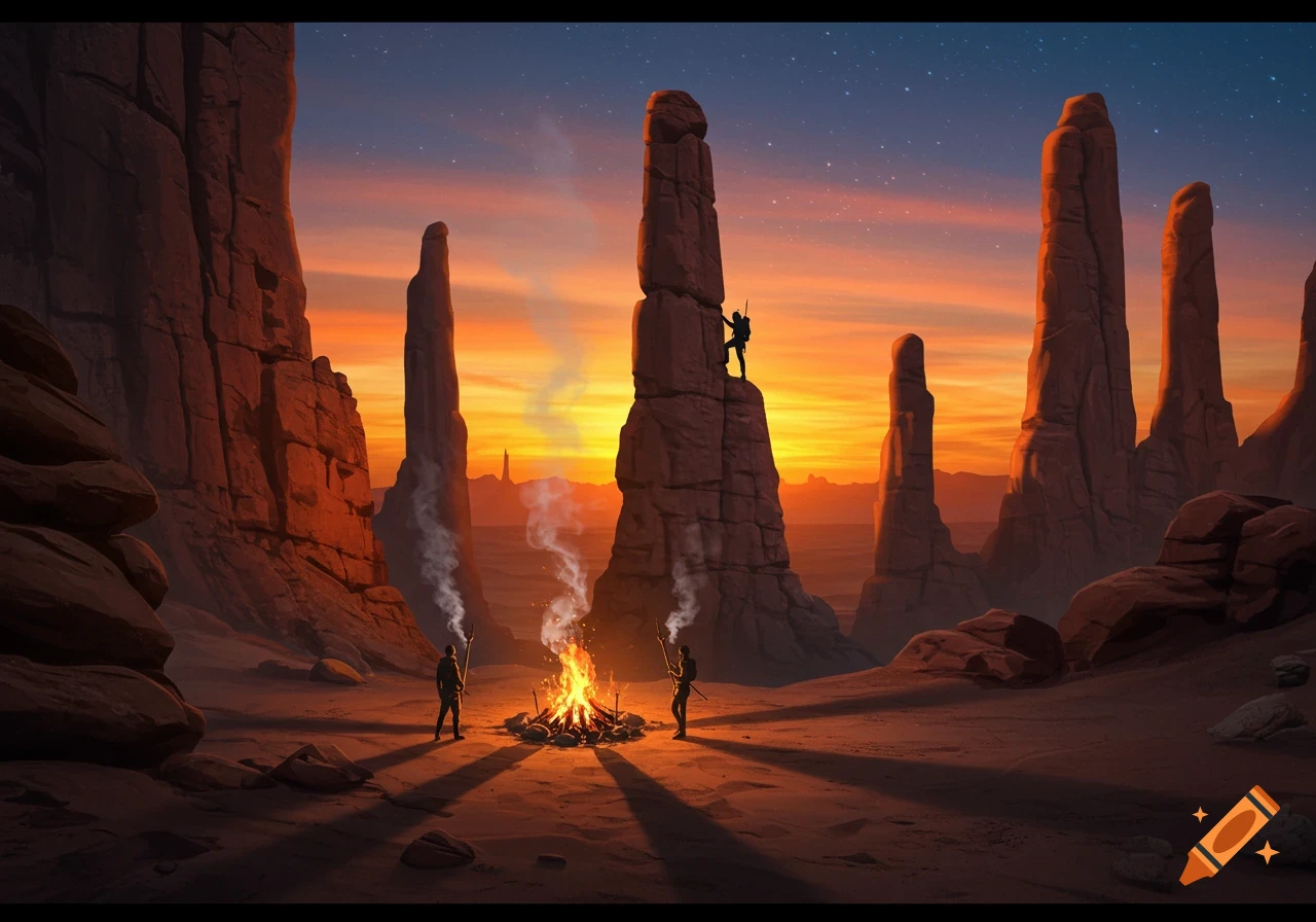 A stylized desert landscape at sunset featuring towering rock formations, a campfire, and three figures; one climbing a spire and two near the fire.