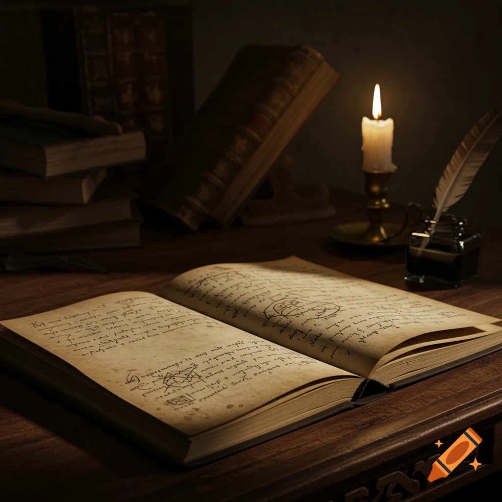An old open book with illegible handwritten text lies on a dark wooden desk next to a lit candle, an inkwell, and a quill. Several other books are stacked in the background.