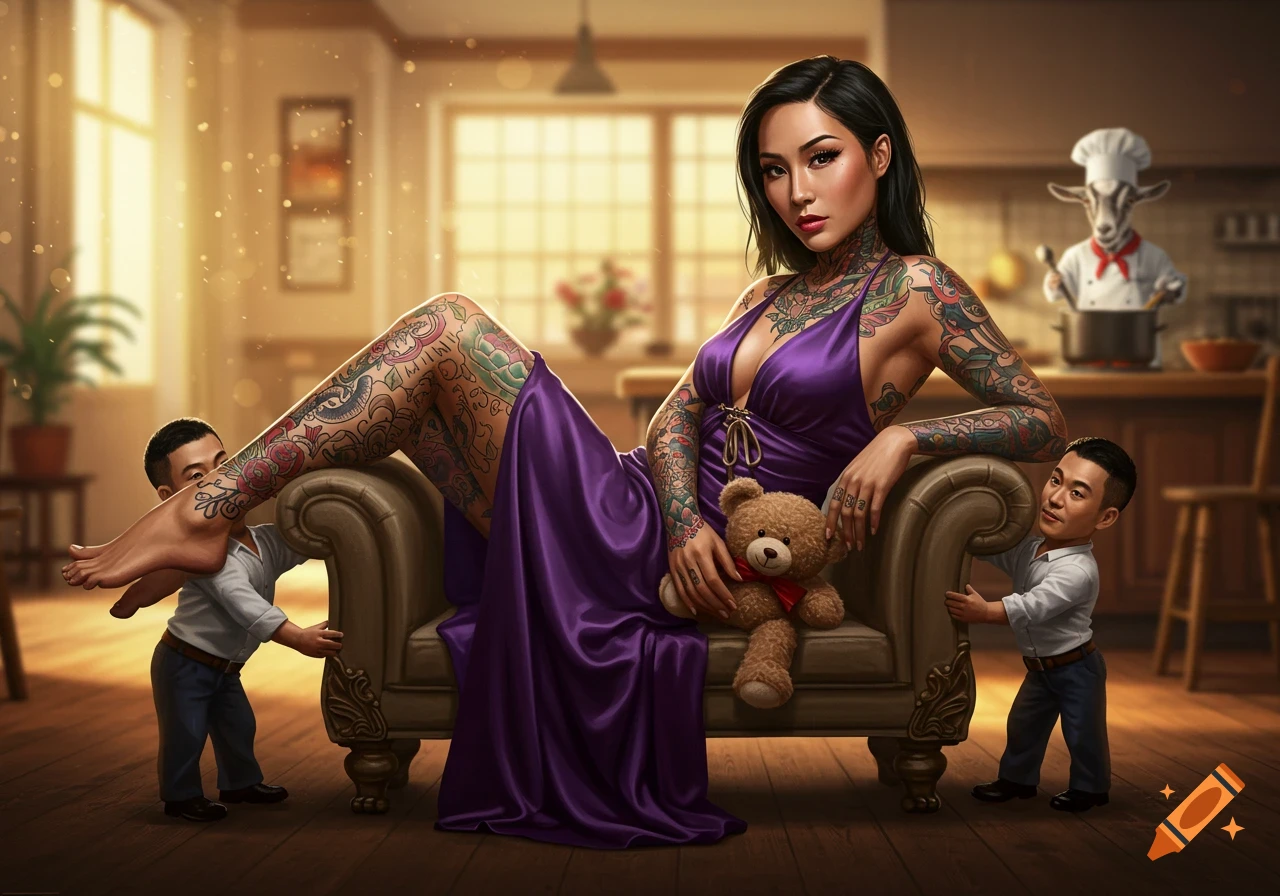 A tattooed Asian woman in a purple dress lounges on a couch held up by two small men. She holds a teddy bear as a goat chef cooks in the background.