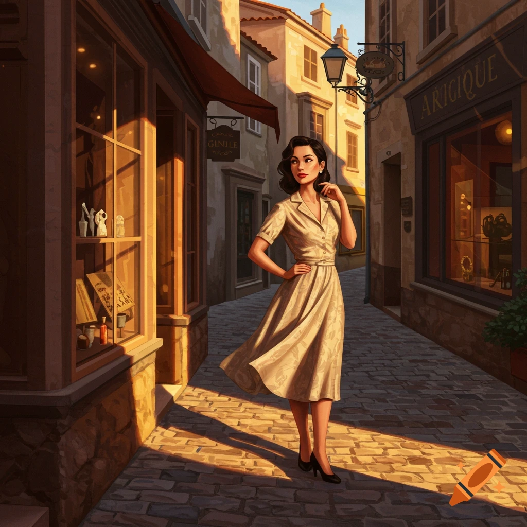 A woman in a beige dress stands on a cobblestone street between old European buildings with shop windows, in an illustrative style.