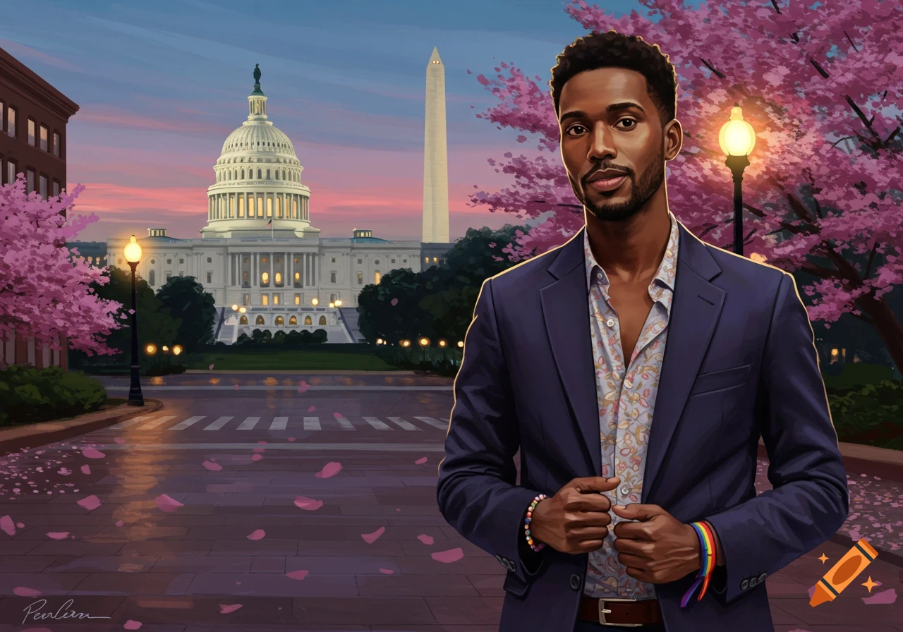 A man in a suit with a rainbow bracelet stands in front of the US Capitol Building and Washington Monument with cherry blossoms.