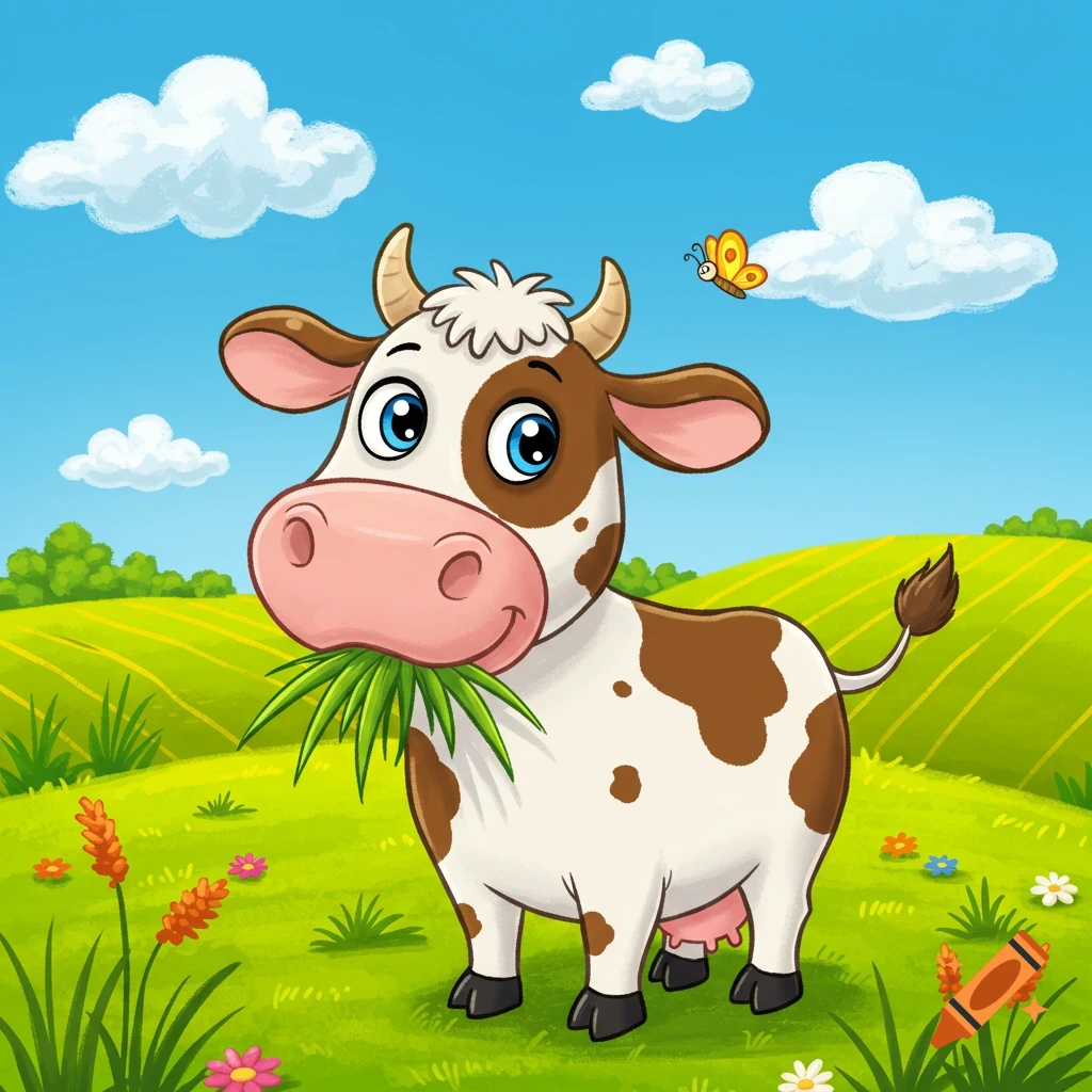 A cute cartoon cow with brown and white spots chews green grass in a vibrant field under a blue sky with clouds and a butterfly.