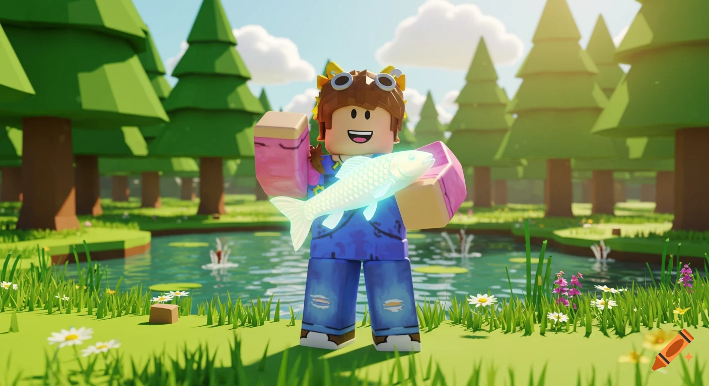 A Roblox character holds up a shiny fish near a pond in a low-poly forest.