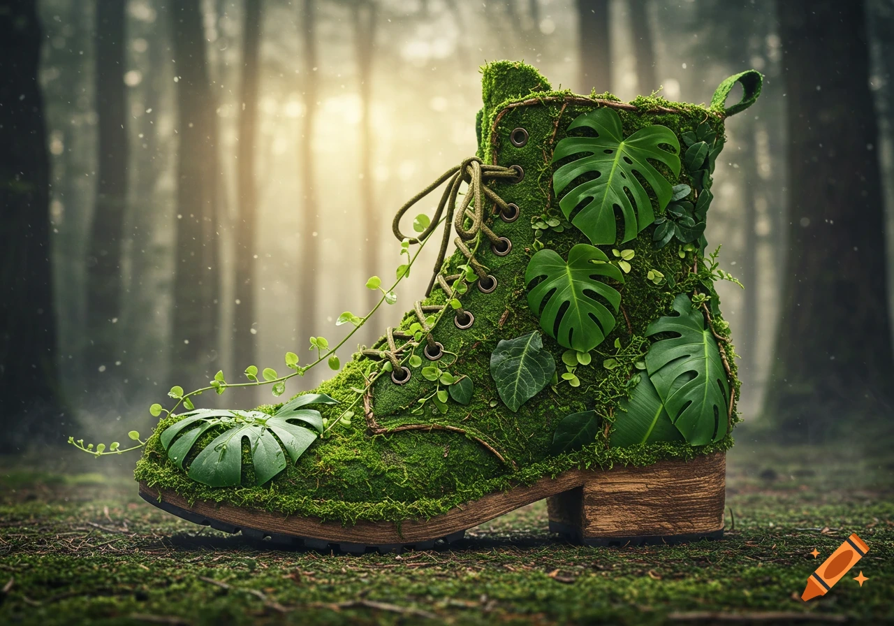 A realistic photo of a hiking boot covered in vibrant green moss and large leaves, with vine laces, standing in a misty forest.