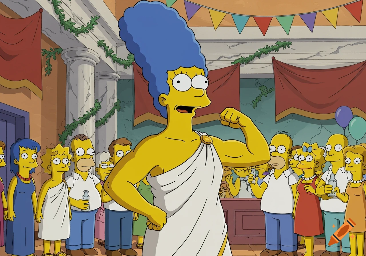 Marge Simpson in a white toga flexing her bicep at a toga party, surrounded by other Simpsons characters in a cartoon style.