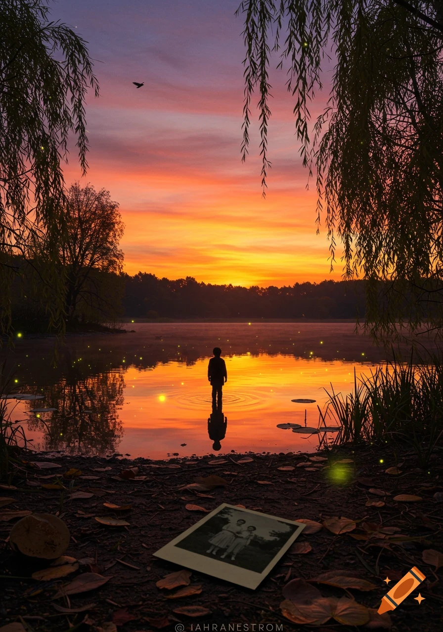 Silhouette of person standing in a lake at a vibrant sunset, framed by weeping willow branches, with an old photo on the ground.