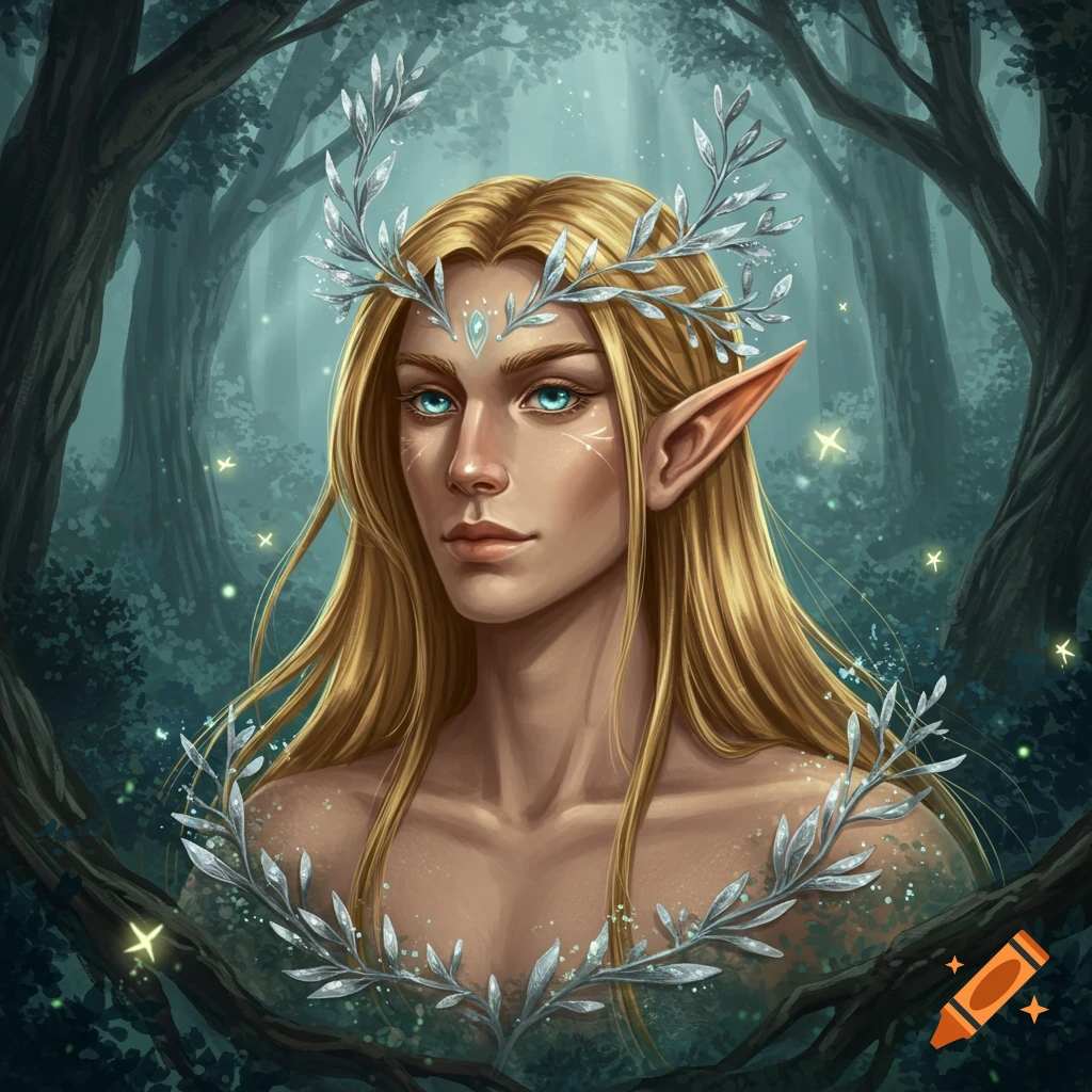 A digital painting of a blond, blue-eyed elf wearing a silver antler crown, surrounded by a mystical forest with glowing lights.