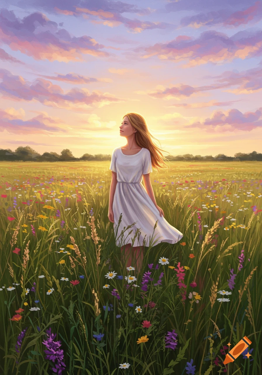 A young woman in a white dress stands in a colorful wildflower field at sunset, looking up at the sky in an illustrative style.