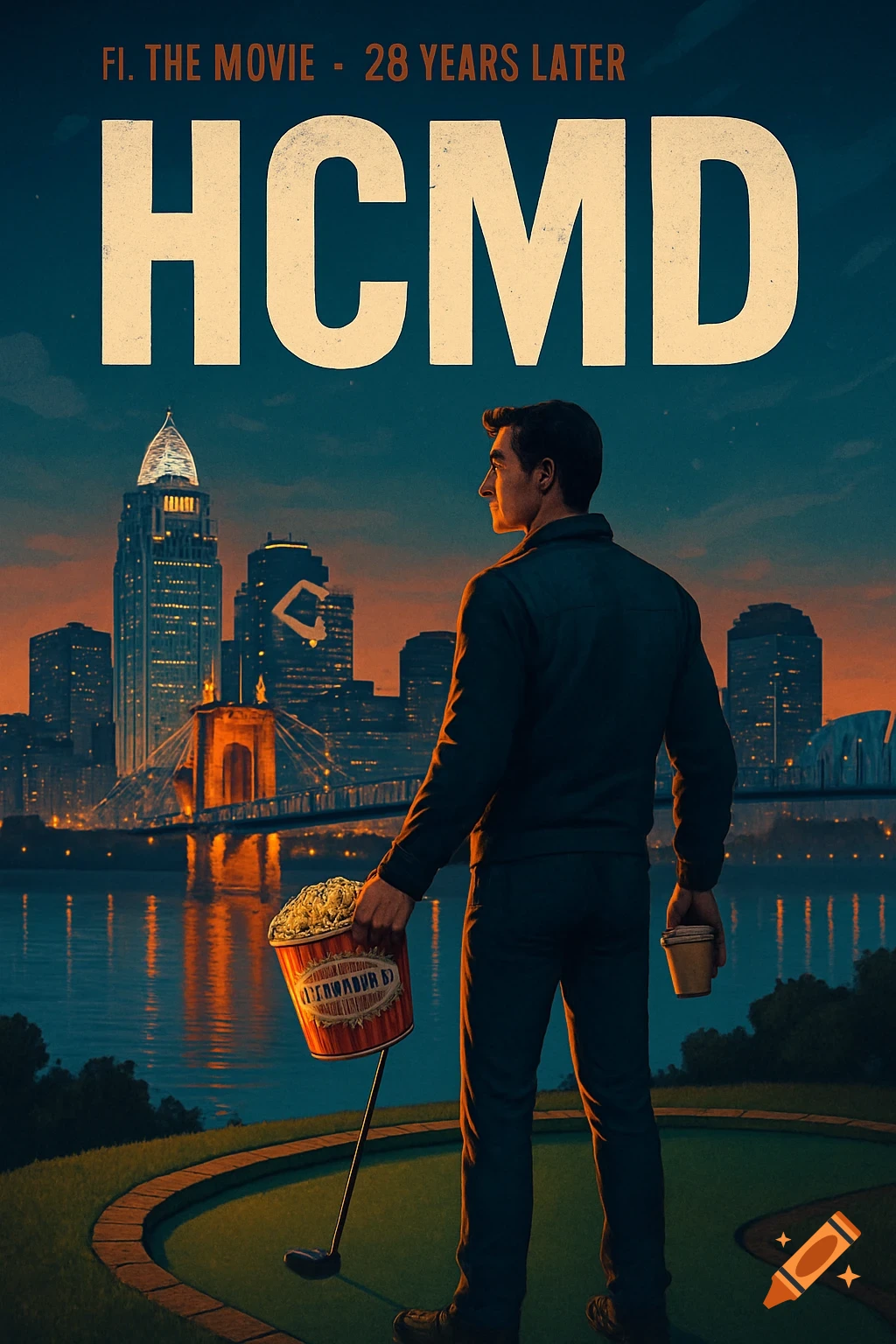 A stylized movie poster showing a man with a popcorn bucket and golf club looking at a vibrant city skyline at sunset, with text 'FI. THE MOVIE - 28 YEARS LATER' and 'HCMD'.