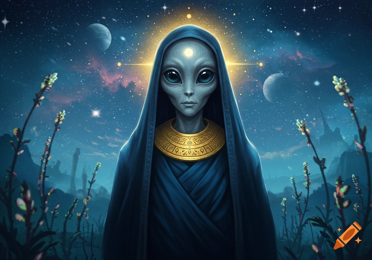 An ethereal gray alien in a blue hooded robe with an ornate golden collar stands under a starry night sky with planets and an alien landscape.