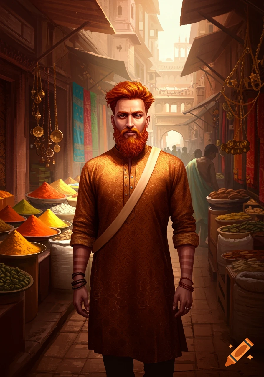 A man with red hair and a beard in traditional Indian attire stands in a vibrant marketplace filled with colorful spices and goods.