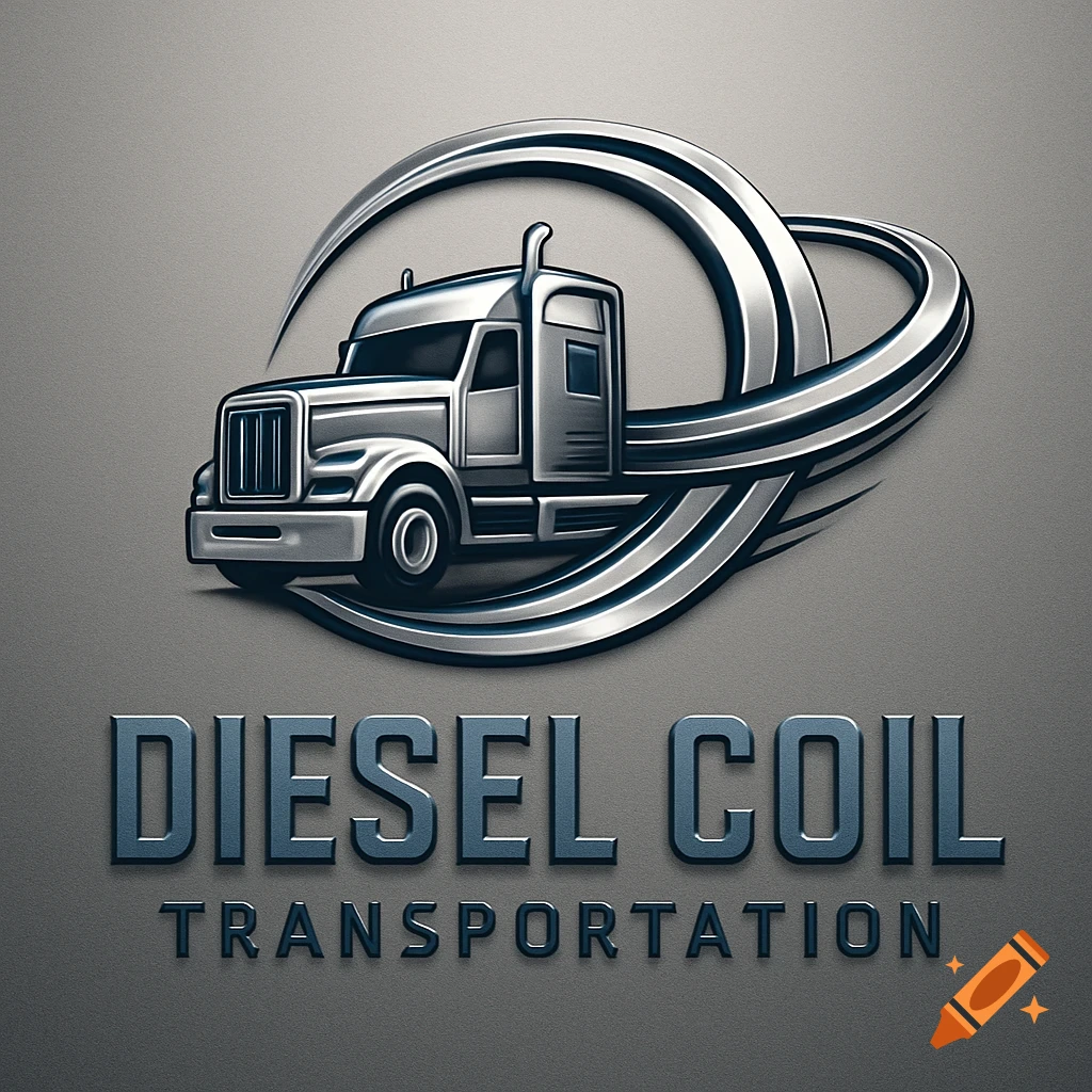 A metallic silver logo featuring a semi-truck within swirling abstract shapes above the text "DIESEL COIL TRANSPORTATION" on a gray background.