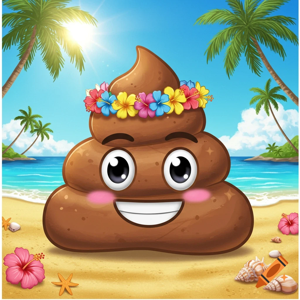 A cartoon poop emoji wearing a flower lei on a sunny tropical beach.