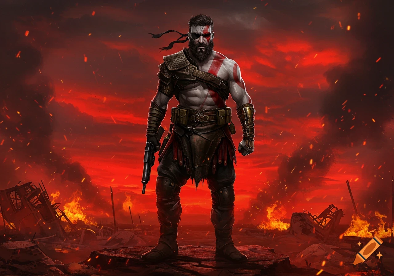 A muscular warrior with a beard, eye patch, red war paint, and dark armor holds a pistol in a burning, apocalyptic landscape under a red sky. The character is a blend of Solid Snake and Kratos.