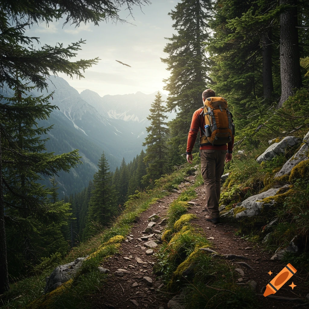 Photorealistic image of a male hiker with a backpack walking on a rugged path through a forest, overlooking mountains.
