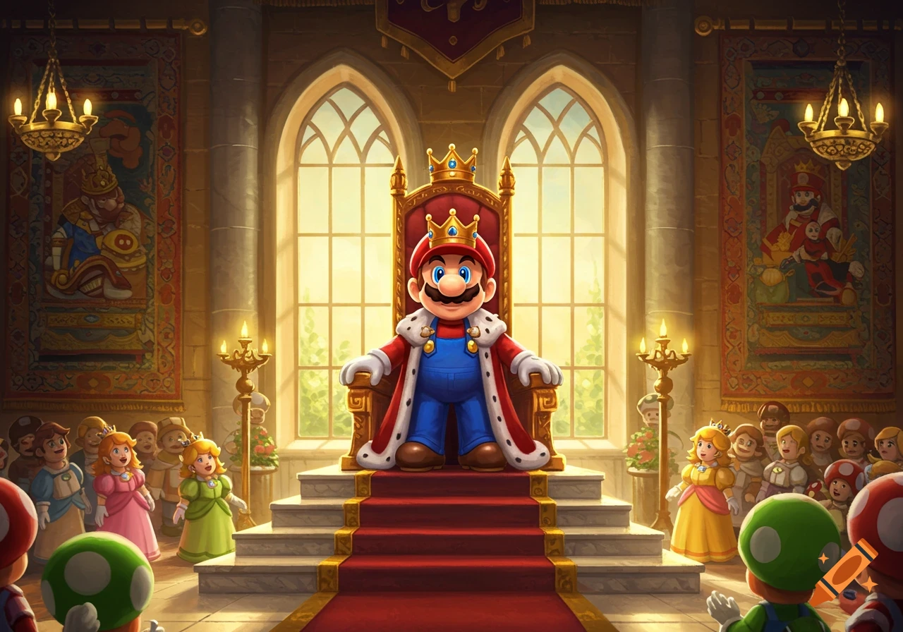 King Mario sits on a grand throne in a castle, with Princess Peach and Toads present.