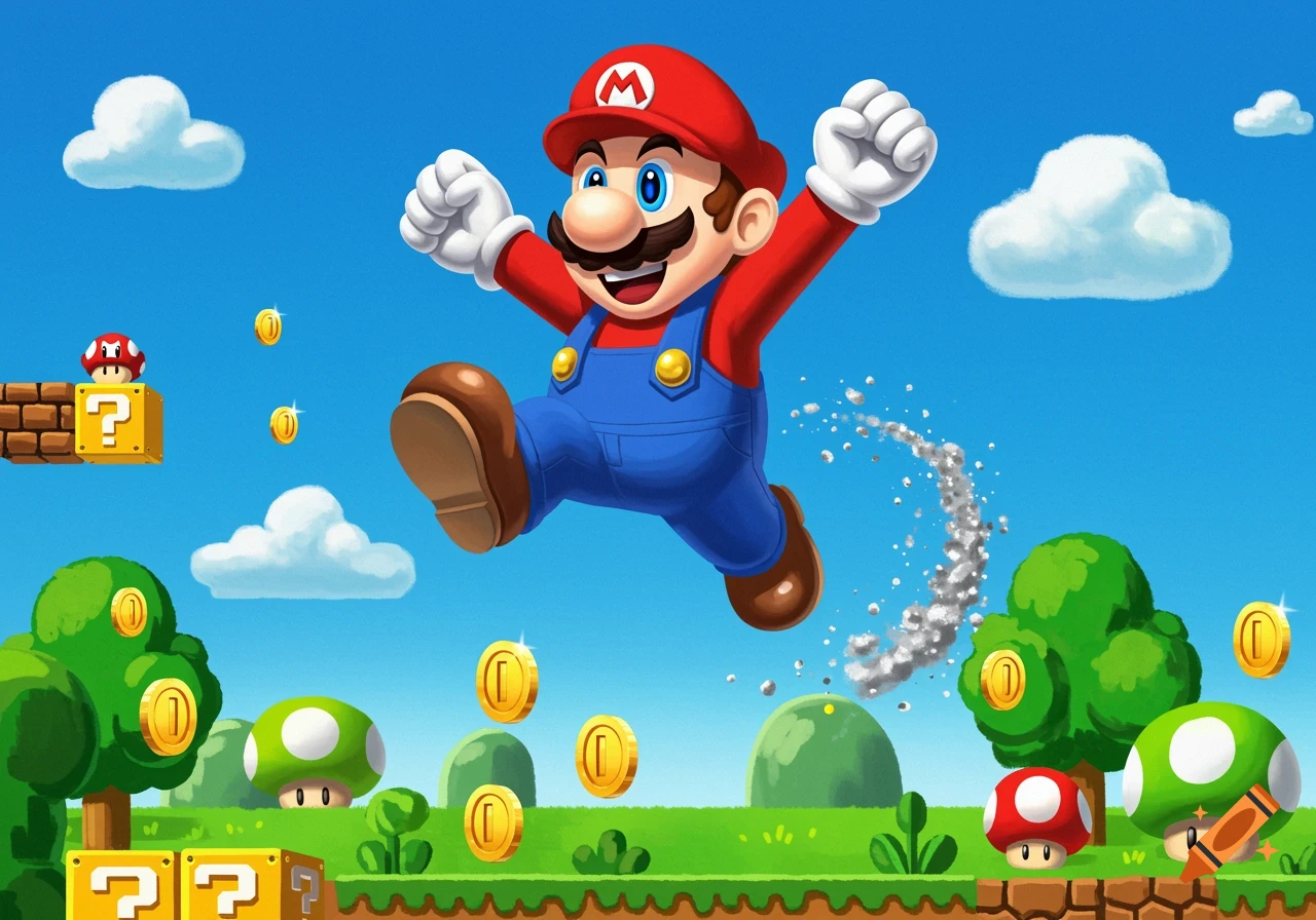 Mario jumping high in a vibrant Super Mario Bros. landscape with question mark blocks, coins, and mushrooms under a blue sky.