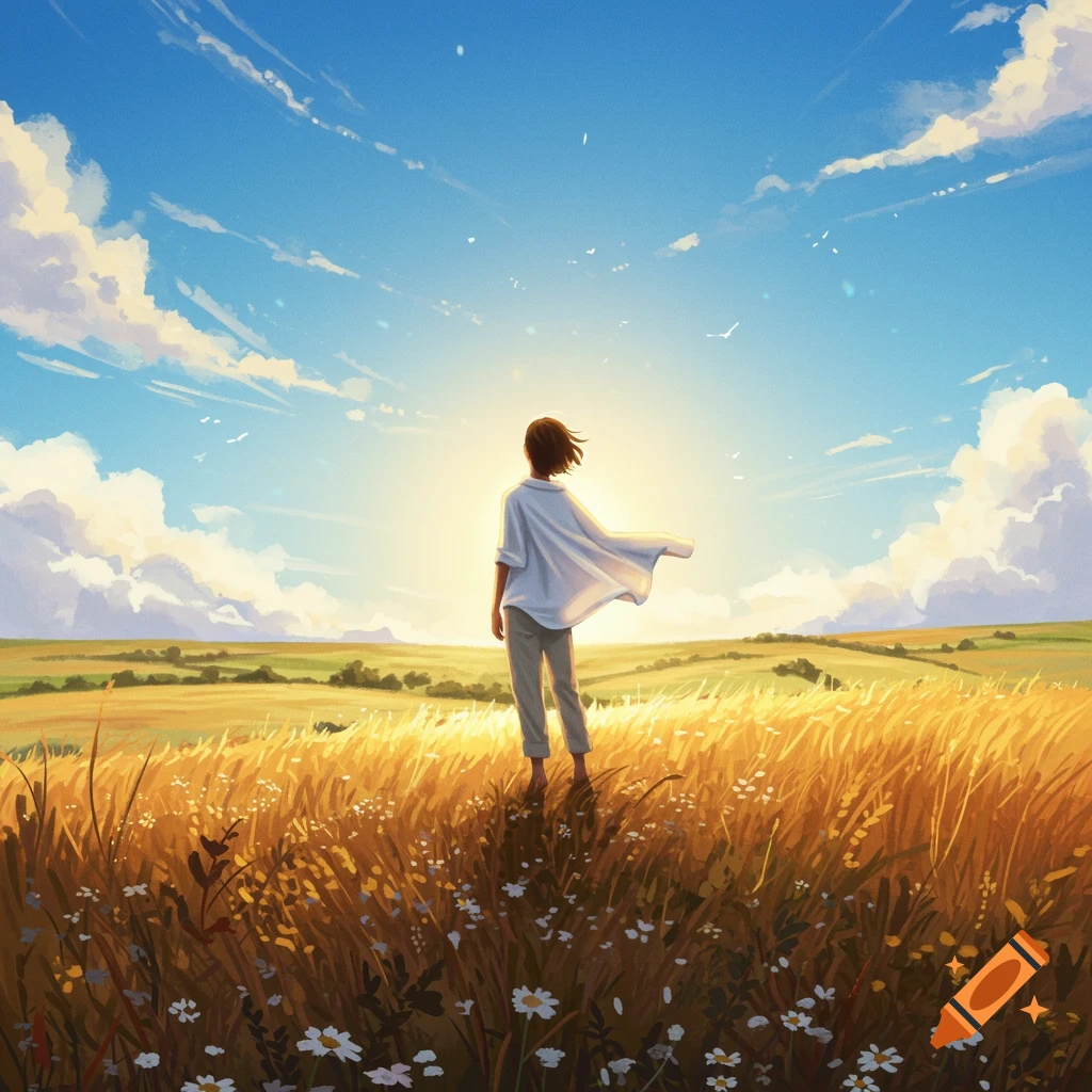 An illustrated person stands in a golden field of tall grass, facing away towards a bright sun on the horizon under a clear blue sky.