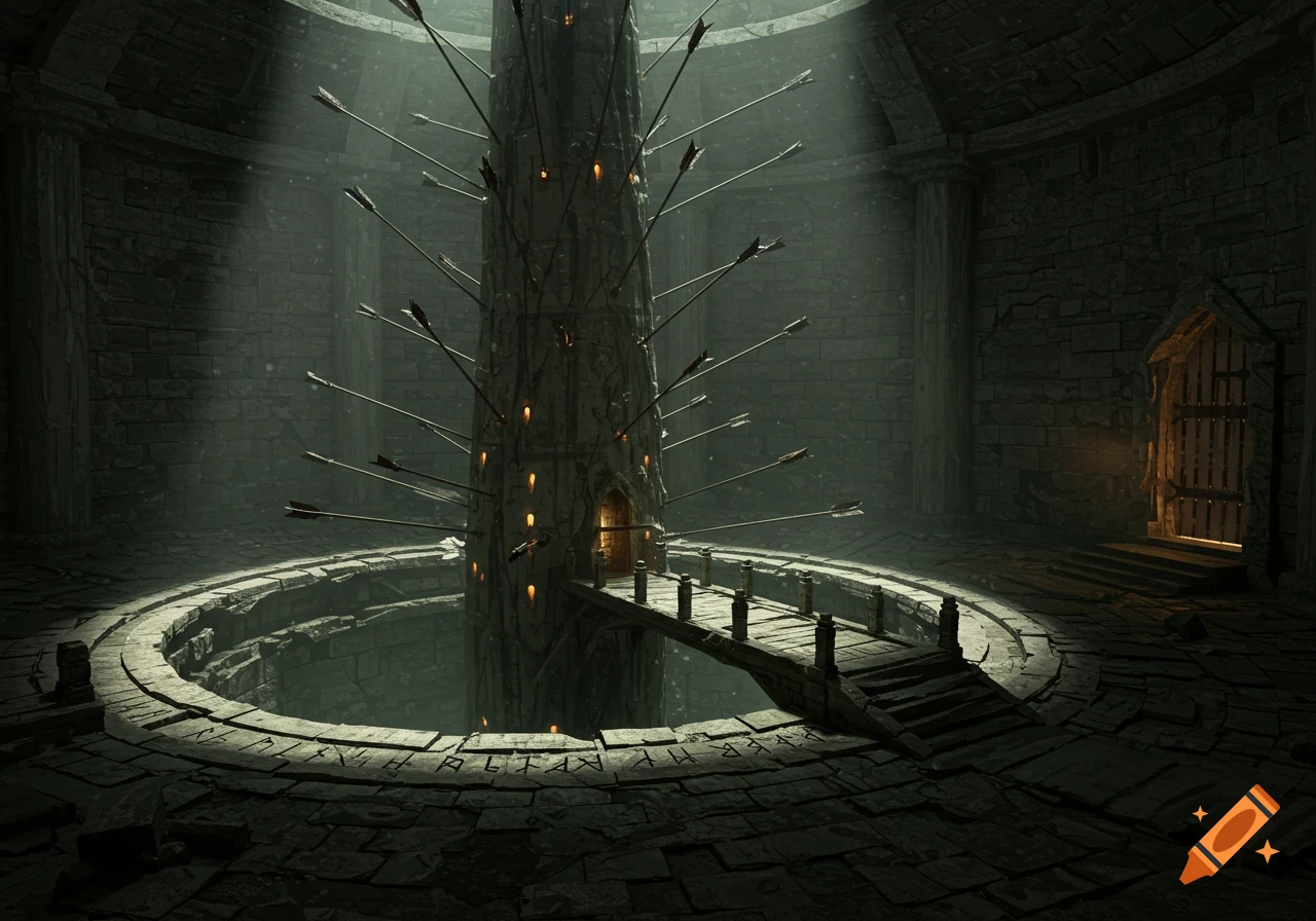A dark, cylindrical stone room with a wide circular pit. A tall, textured stone pillar rises from the pit, covered in numerous arrows sticking out. A small wooden bridge connects the pillar to a barred wooden door on the right wall. Beams of light illuminate the dusty air from above.