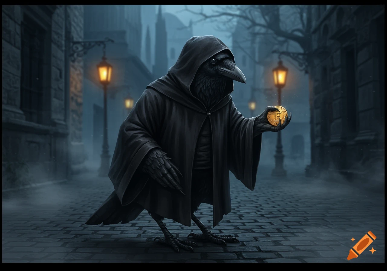 A dark fantasy image of a crow in a black hooded robe holding a gold coin on a foggy, cobblestone street at night.