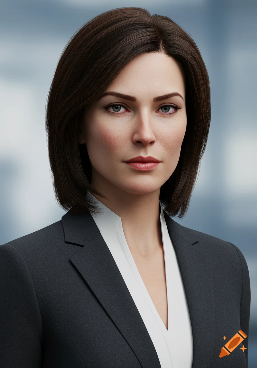 Photorealistic portrait of a woman with dark brown hair in a dark gray suit and white blouse.