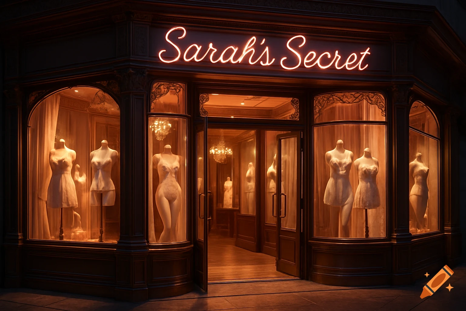 Photorealistic image of 'Sarah's Secret' lingerie store at night, with a glowing neon sign and mannequins in the display windows.