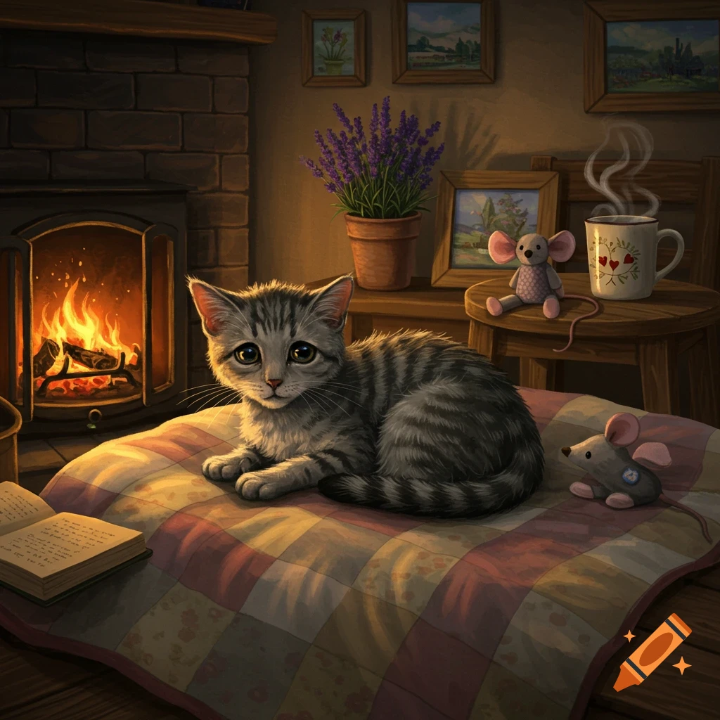 A fluffy grey tabby cat with big eyes lies on a checkered quilt by a lit fireplace in a cozy room, next to a book and a toy mouse.