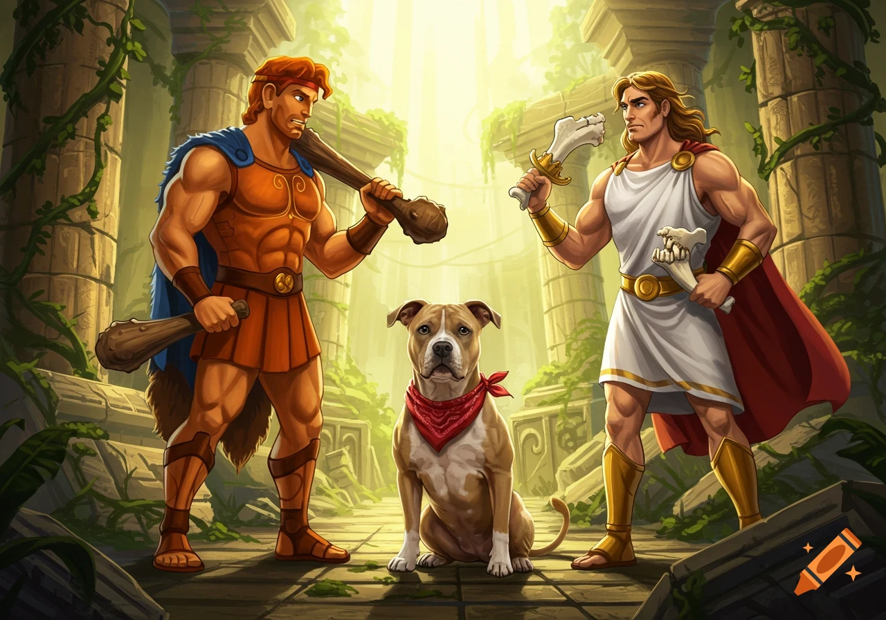 A cartoon illustration of Hercules with a club and Samson with bones, flanking a muscular dog with a red bandana in ancient ruins.