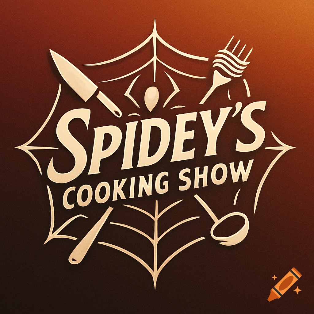 Logo for Spidey's Cooking Show with kitchen utensils and a spider web design.