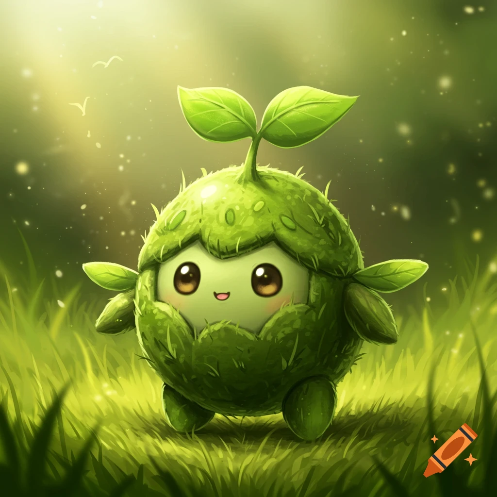 A cute, round, green plant-like creature named Sproutashi, with large eyes and leaves, stands in lush sunlit grass.